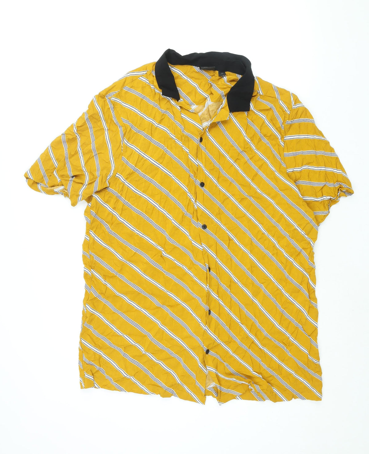 Additional front view of ASOS men’s yellow striped viscose button-up, size 2XL, collared button