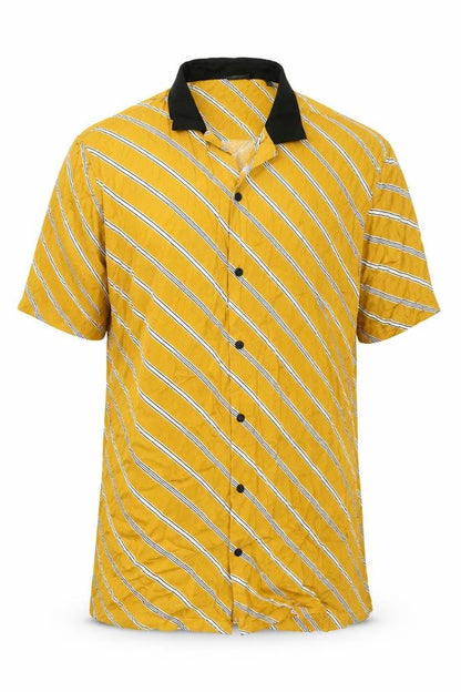 Front view of ASOS men’s yellow striped viscose button-up, size 2XL, collared button