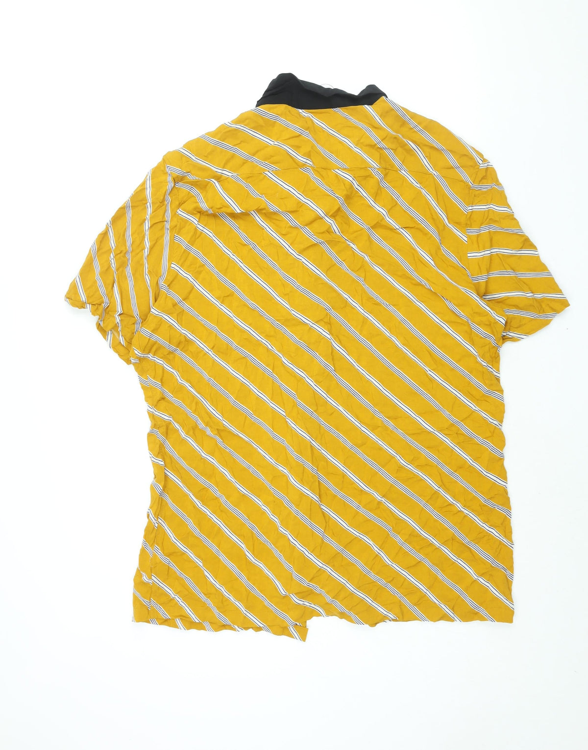 Back view of ASOS men’s yellow striped viscose button-up, size 2XL, collared button