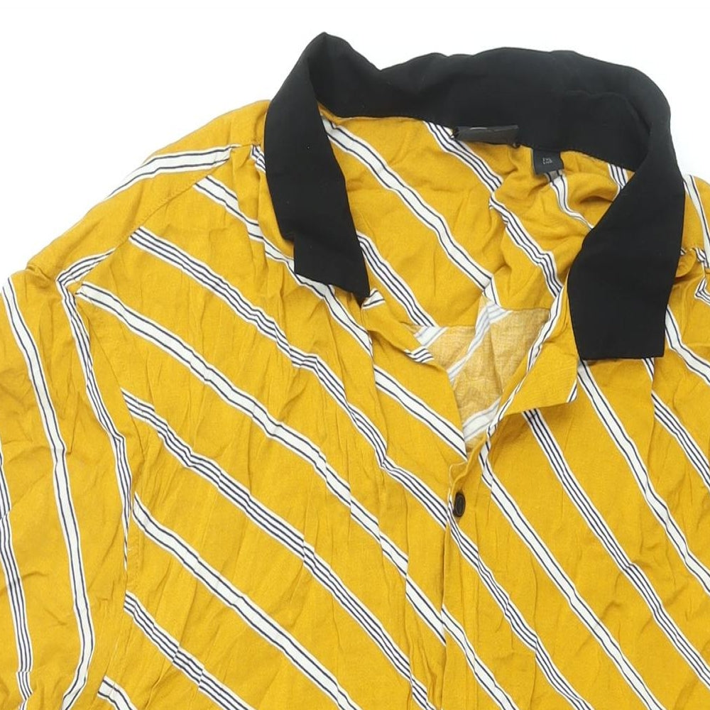 Close-up detail of ASOS men’s yellow striped viscose button-up, size 2XL, collared button