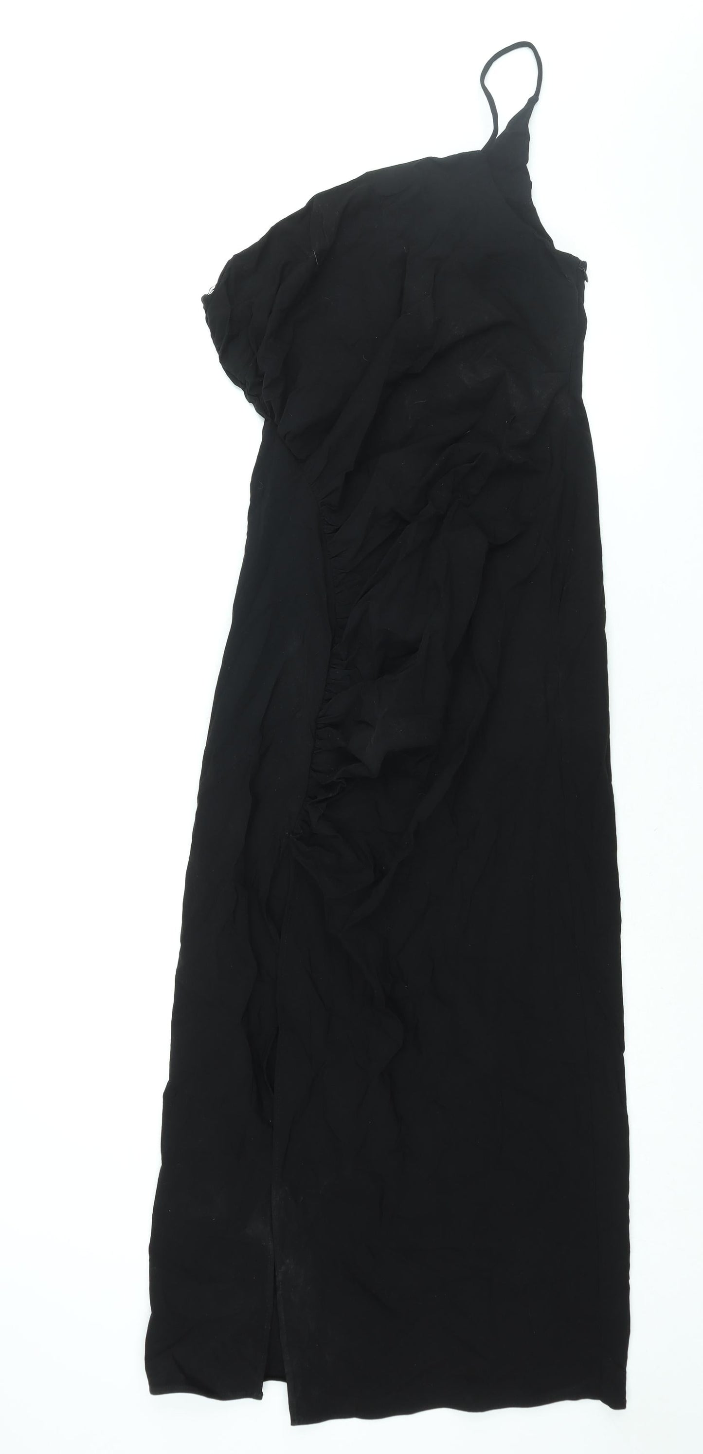 Zara Womens Black Viscose Maxi Size M One Shoulder Zip - Rouched Front Slit