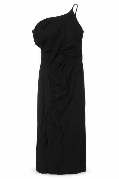 Zara Womens Black Viscose Maxi Size M One Shoulder Zip - Rouched Front Slit