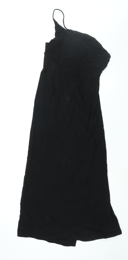 Zara Womens Black Viscose Maxi Size M One Shoulder Zip - Rouched Front Slit