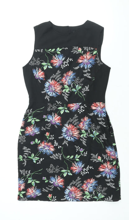 Oasis Womens Black Floral Polyester Shift Size 10 Round Neck Zip