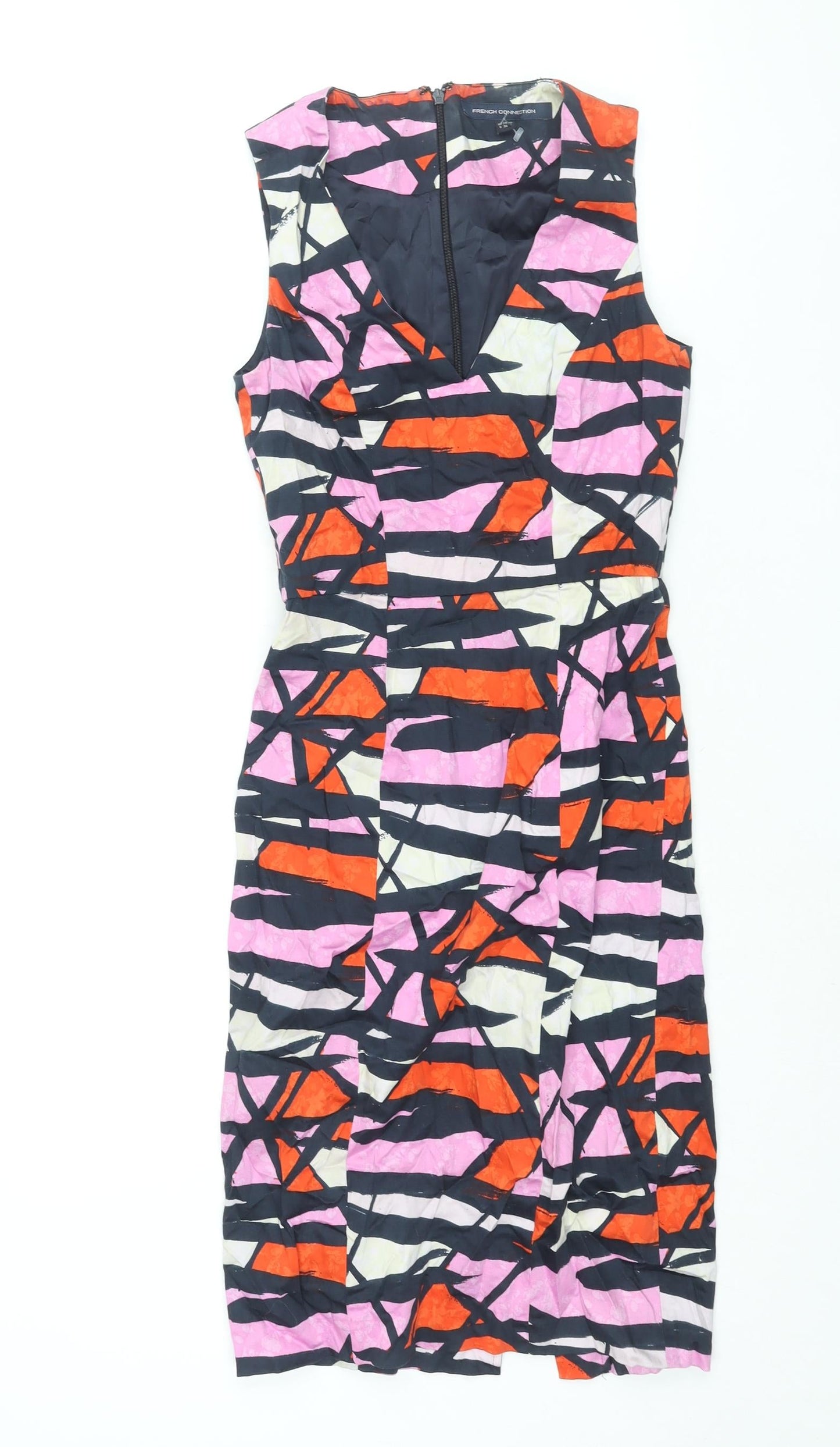 French Connection Womens Multicoloured Geometric Cotton Pencil Dress Size 6 V-Neck Zip