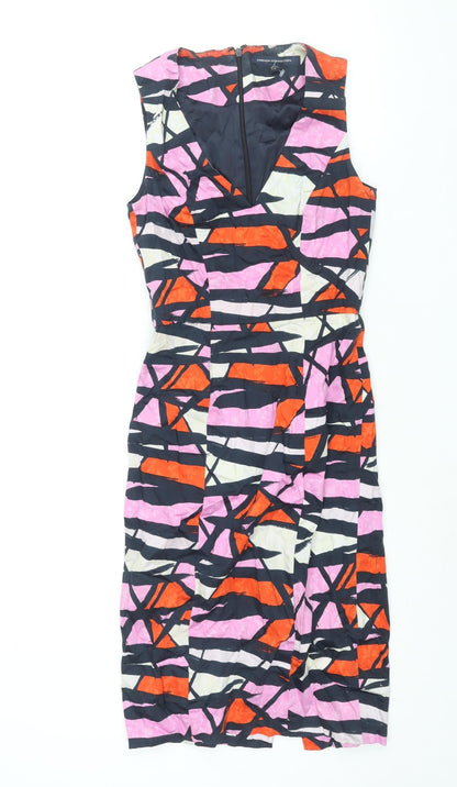 French Connection Womens Multicoloured Geometric Cotton Pencil Dress Size 6 V-Neck Zip