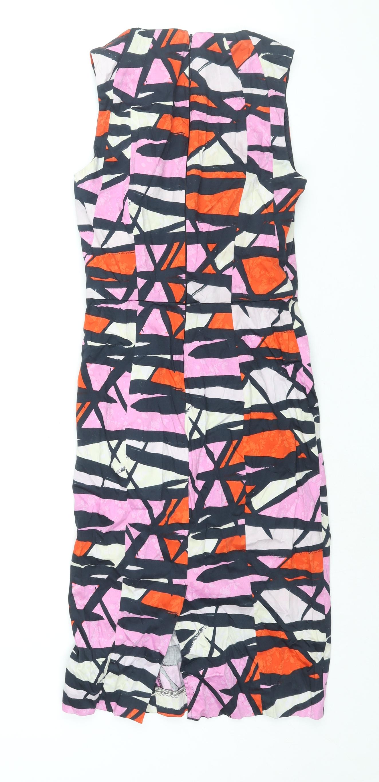 French Connection Womens Multicoloured Geometric Cotton Pencil Dress Size 6 V-Neck Zip