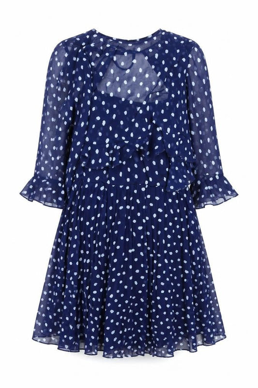 Front view of ASOS women’s blue polka dot polyester shift, size UK 10, round neck zip - layered frill