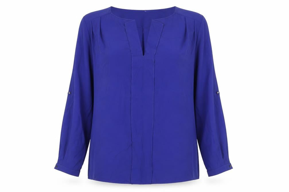 M&Co Womens Blue Polyester Basic Blouse Size 14 V-Neck