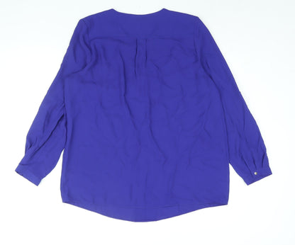 M&Co Womens Blue Polyester Basic Blouse Size 14 V-Neck