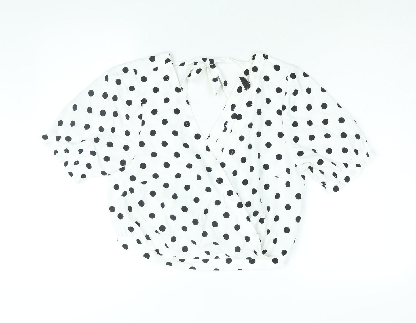 Divided by H&M Womens White Polka Dot Polyester Cropped Blouse Size 14 V-Neck