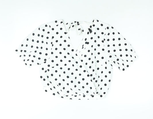 Divided by H&M Womens White Polka Dot Polyester Cropped Blouse Size 14 V-Neck