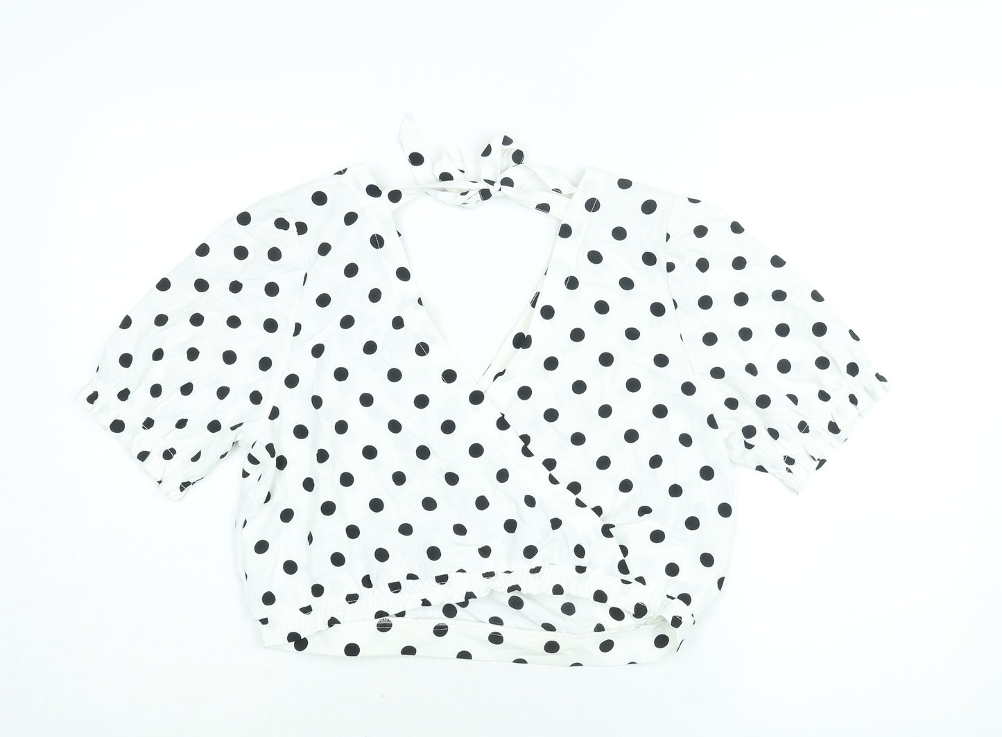 Divided by H&M Womens White Polka Dot Polyester Cropped Blouse Size 14 V-Neck
