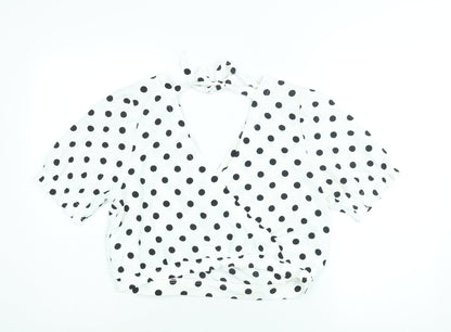 Divided by H&M Womens White Polka Dot Polyester Cropped Blouse Size 14 V-Neck