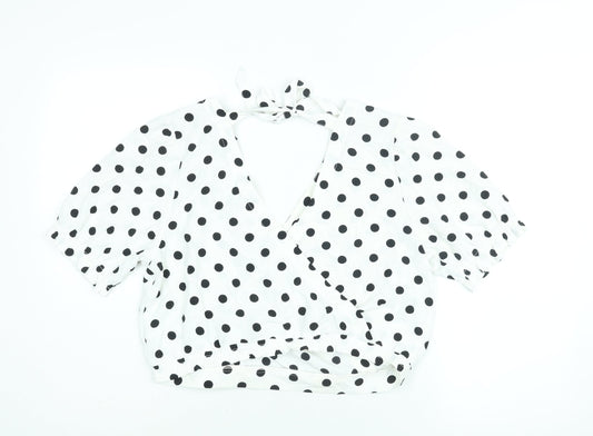 Divided by H&M Womens White Polka Dot Polyester Cropped Blouse Size 14 V-Neck