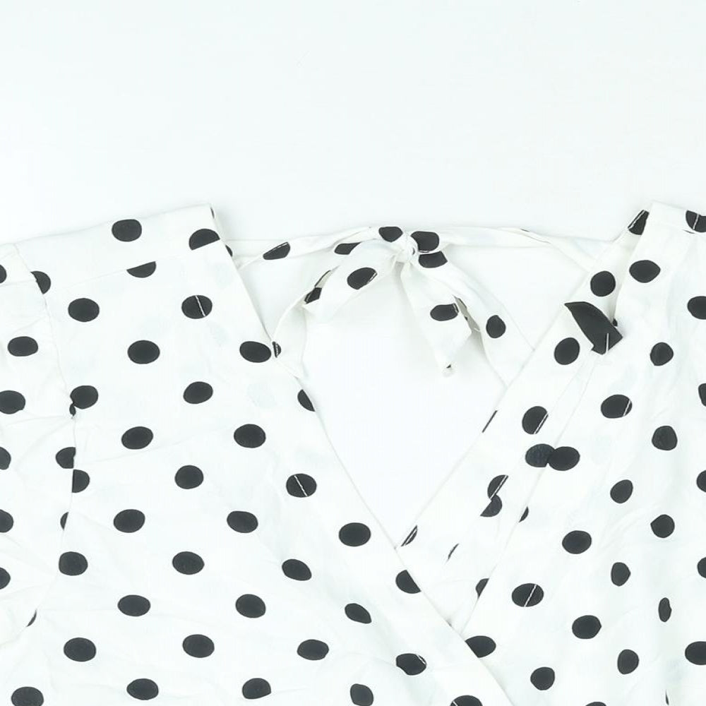 Divided by H&M Womens White Polka Dot Polyester Cropped Blouse Size 14 V-Neck