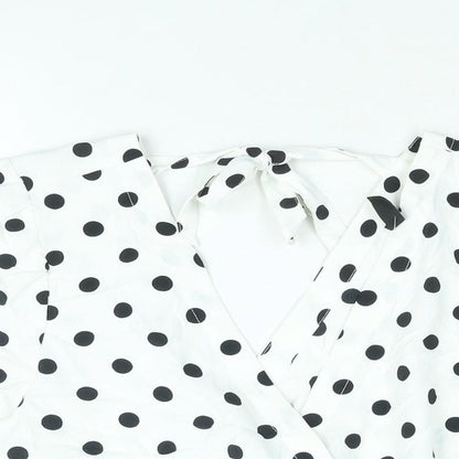 Divided by H&M Womens White Polka Dot Polyester Cropped Blouse Size 14 V-Neck