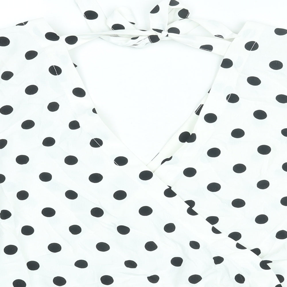 Divided by H&M Womens White Polka Dot Polyester Cropped Blouse Size 14 V-Neck