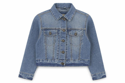 Front view of Jennyfer girls’ blue jacket, size 5, years button