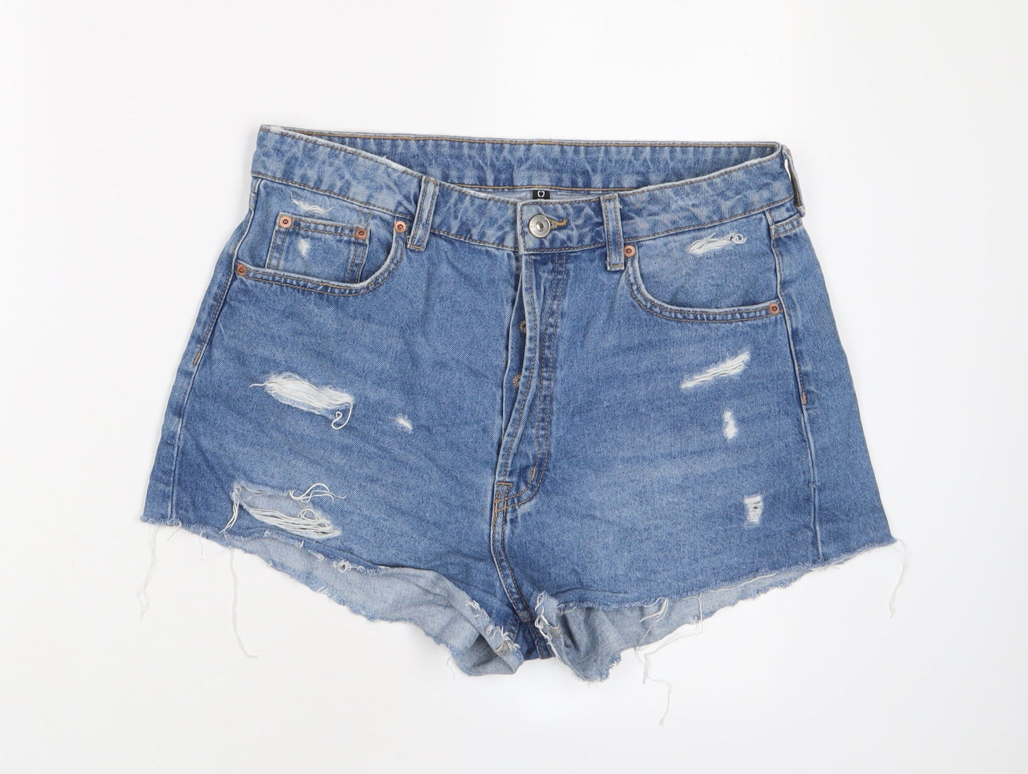H&M Womens Blue Cotton Basic Shorts Size 30 in Regular Button - Distressed