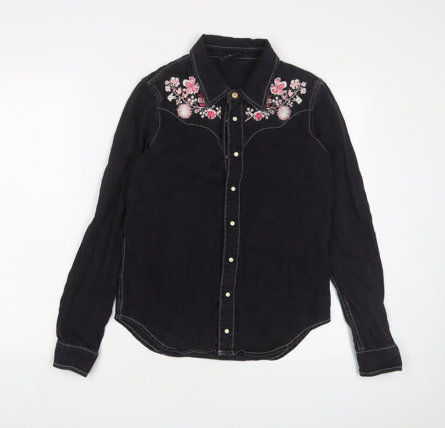 BDG Womens Black Floral Cotton Basic Button-Up Size XS Collared - Embroidered