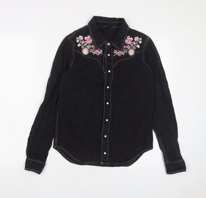 BDG Womens Black Floral Cotton Basic Button-Up Size XS Collared - Embroidered
