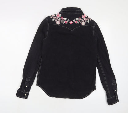 BDG Womens Black Floral Cotton Basic Button-Up Size XS Collared - Embroidered