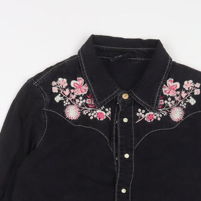 BDG Womens Black Floral Cotton Basic Button-Up Size XS Collared - Embroidered