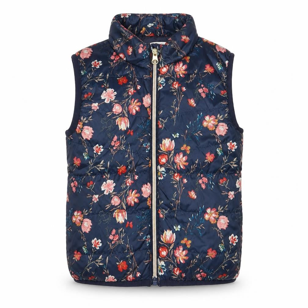 Front view of NAME IT girls’ blue floral gilet jacket, size 5, years zip