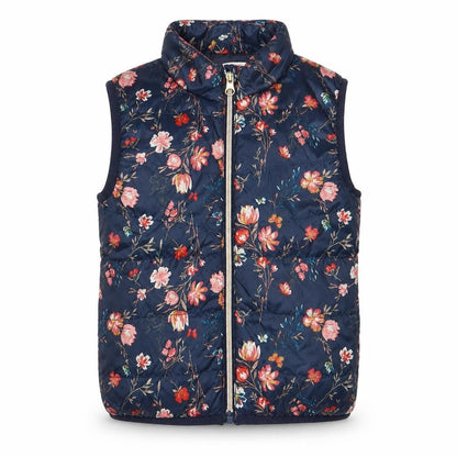 Front view of NAME IT girls’ blue floral gilet jacket, size 5, years zip