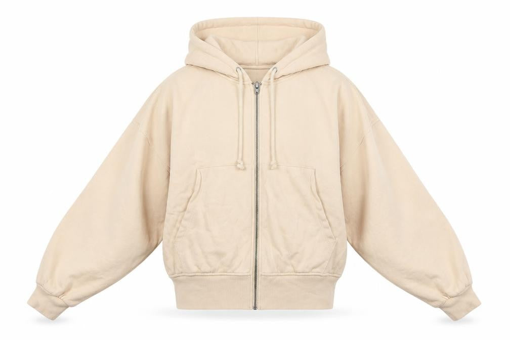 Front view of ASOS women’s beige polyester full zip hoodie, size UK 10, zip