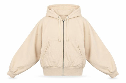 Front view of ASOS women’s beige polyester full zip hoodie, size UK 10, zip