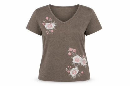Bonmarché Womens Beige Polyester Basic T-Shirt Size M V-Neck - Floral Embroidery