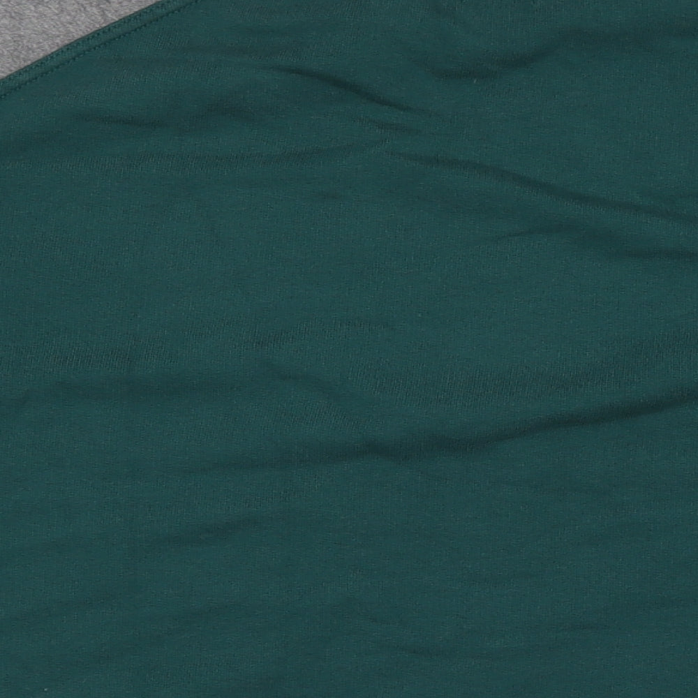 Brand and care label for KIN women’s green cotton pullover sweatshirt, size M