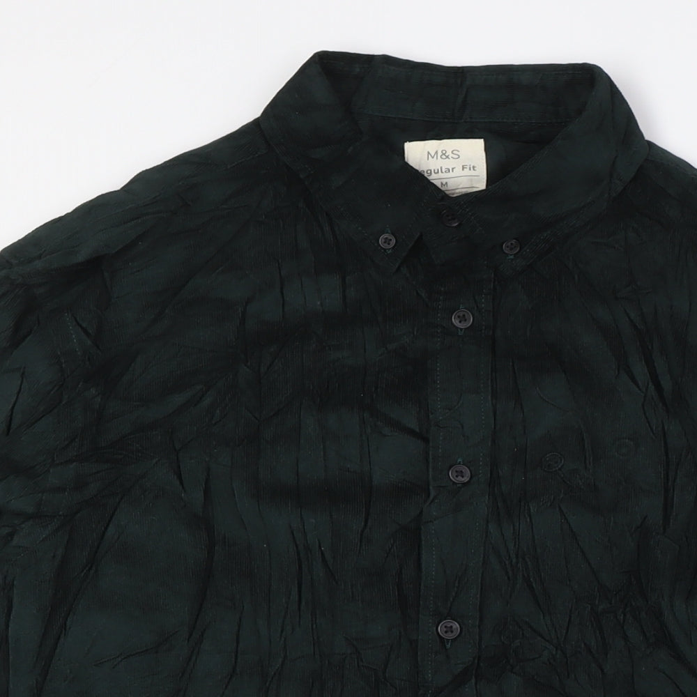 Marks & Spencer Mens Green Cotton Button-Up Size M Collared Button