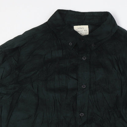 Marks & Spencer Mens Green Cotton Button-Up Size M Collared Button