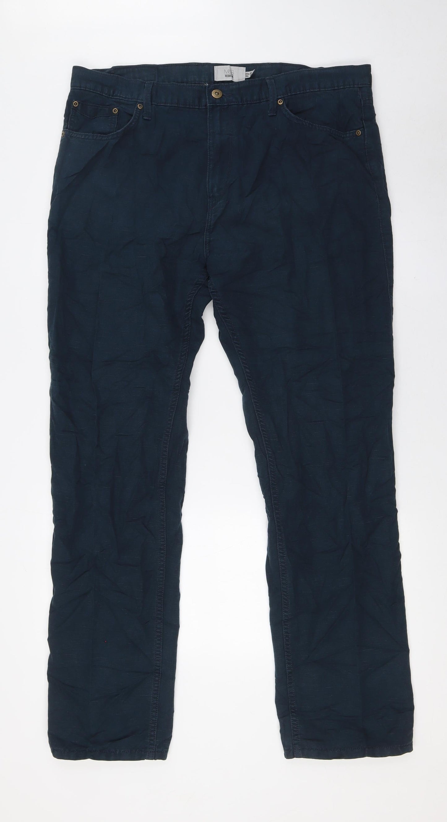 Marks and Spencer Mens Blue Cotton Straight Jeans Size 38 in L33 in Regular Zip