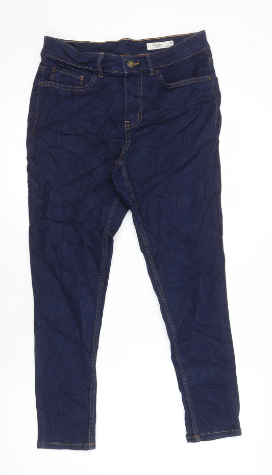 M&S Womens Blue Herringbone Cotton Skinny Jeans Size 12 L23.5 in Regular