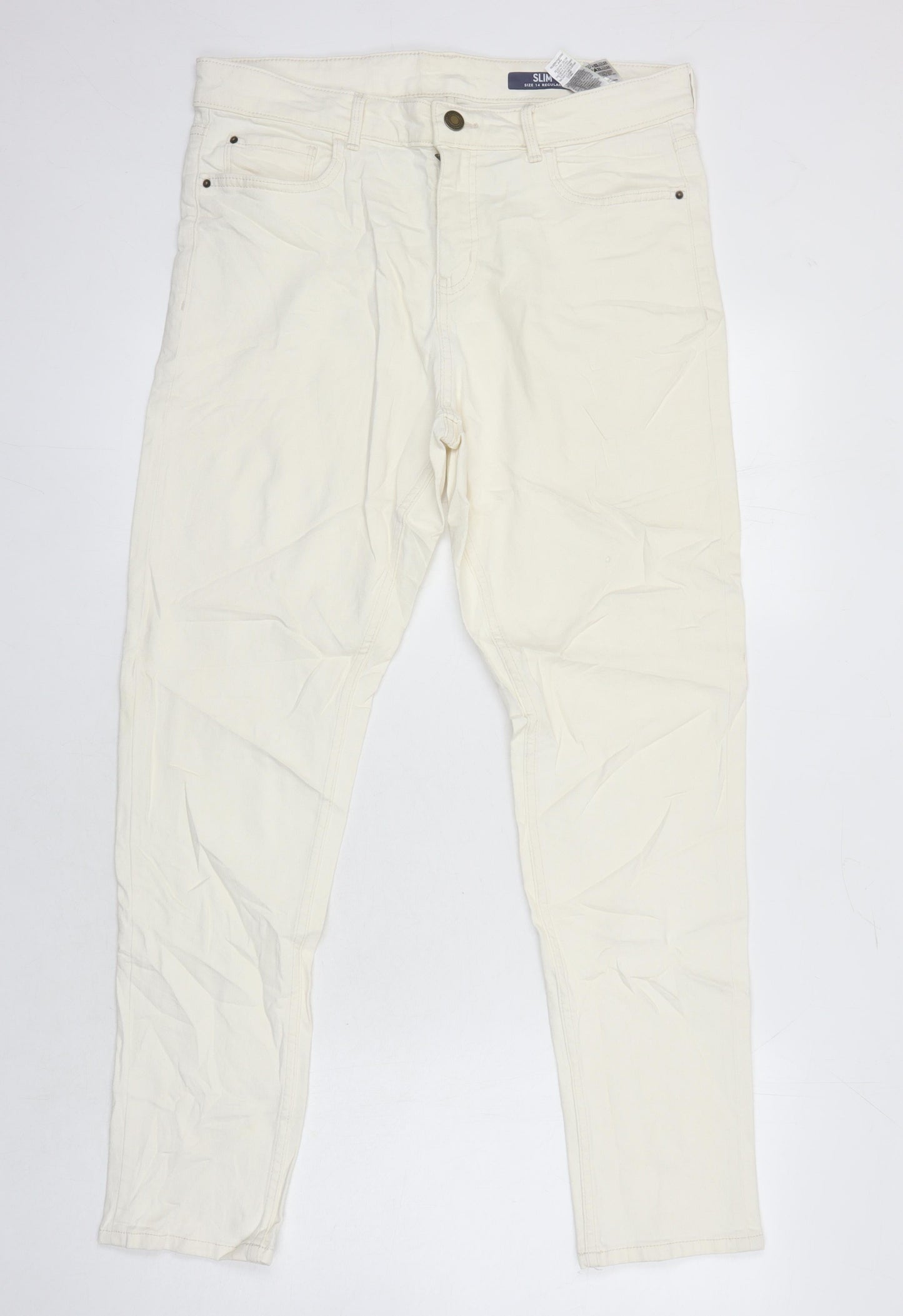 M&S Womens Ivory Cotton Tapered Jeans Size 14 L27.5 in Regular