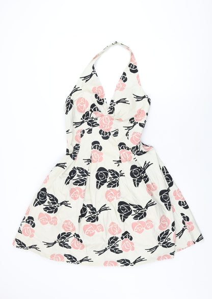 Warehouse Womens Ivory Floral Cotton A-Line Size 10 Halter Zip