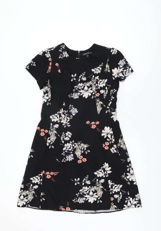 Dorothy Perkins Womens Black Floral Polyester A-Line Size 12 Round Neck Zip