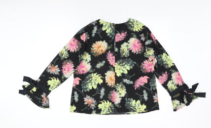 Warehouse Womens Black Floral Polyester Basic Blouse Size 16 Round Neck
