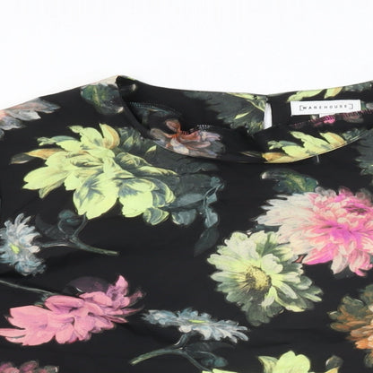 Warehouse Womens Black Floral Polyester Basic Blouse Size 16 Round Neck