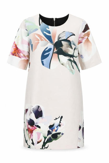 Next Womens Pink Floral Viscose Shift Size 12 Round Neck Zip