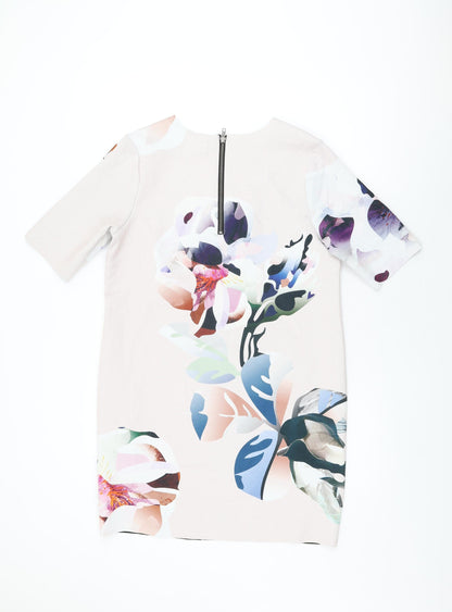 NEXT Womens Pink Floral Viscose Shift Size 12 Round Neck Zip
