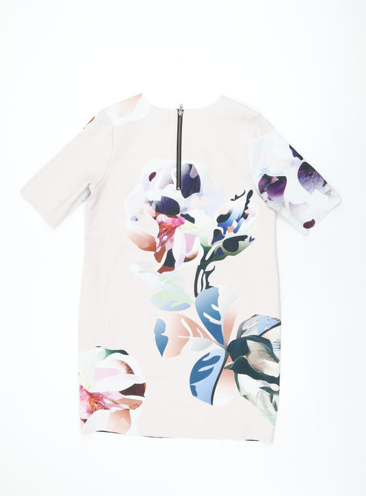 NEXT Womens Pink Floral Viscose Shift Size 12 Round Neck Zip