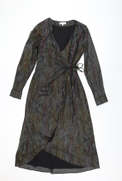 Warehouse Womens Black Striped Polyester Wrap Dress Size 12 V-Neck Tie