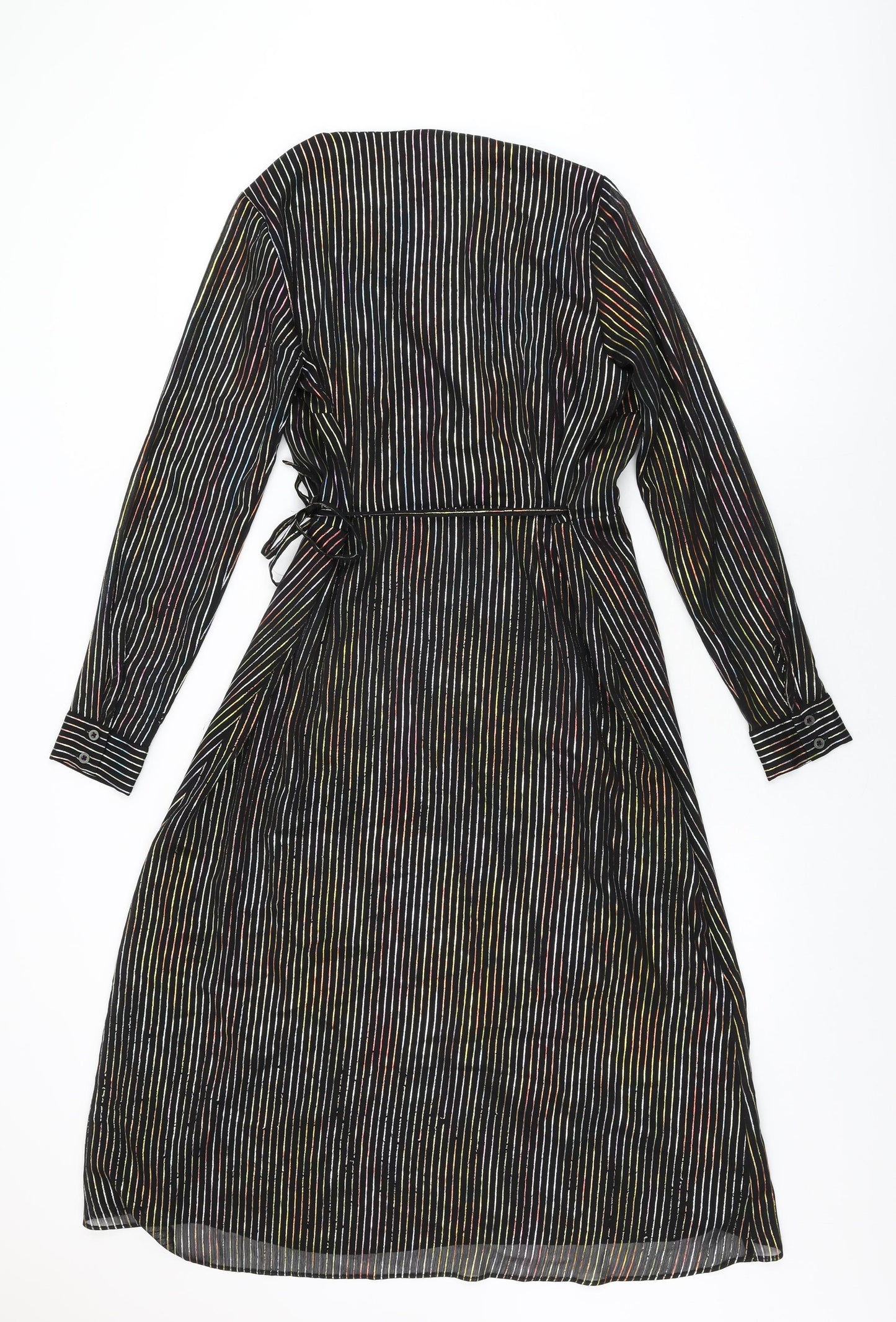Warehouse Womens Black Striped Polyester Wrap Dress Size 12 V-Neck Tie