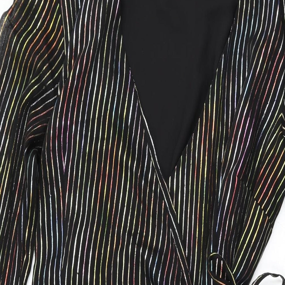 Warehouse Womens Black Striped Polyester Wrap Dress Size 12 V-Neck Tie