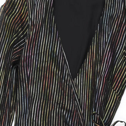 Warehouse Womens Black Striped Polyester Wrap Dress Size 12 V-Neck Tie